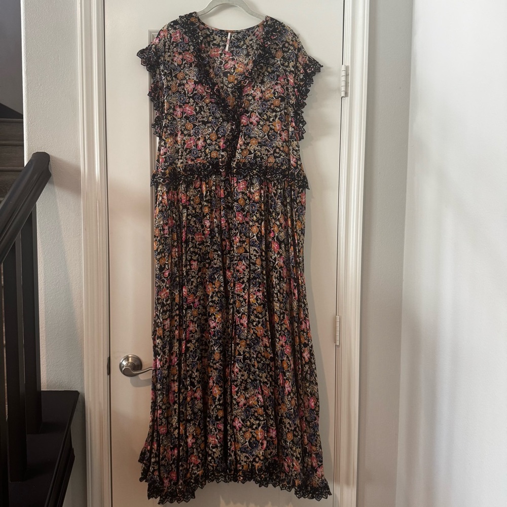 Free People Black Floral Maxi Dress with Pink and Yellow Blooms